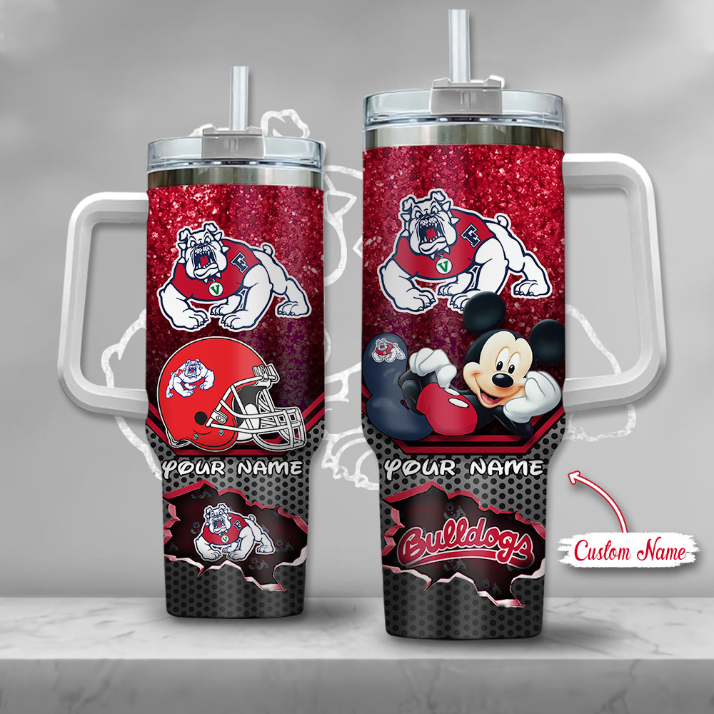 NCAA Fresno State Bulldogs Mickey Mouse Custom Stanley Quencher 40oz Stainless Steel Tumbler With Handle