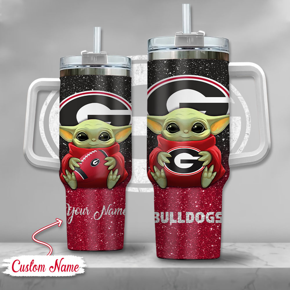 NCAA Georgia Bulldogs Baby Yoda Custom Stanley Quencher 40oz Stainless Steel Tumbler With Handle