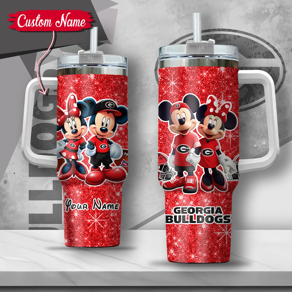 NCAA Georgia Bulldogs Mickey And Minnie Couple Custom Stanley Quencher 40oz Stainless Steel Tumbler With Handle