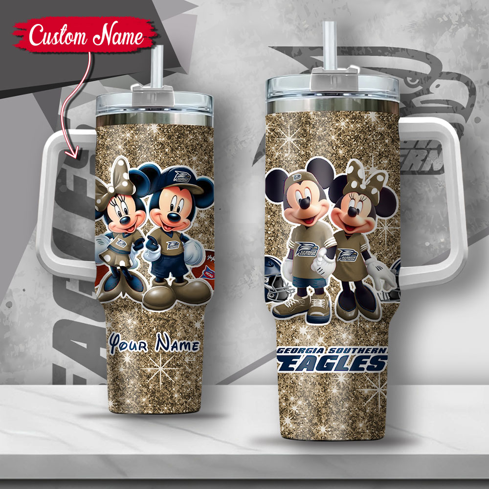 NCAA Georgia Southern Eagles Mickey And Minnie Couple Custom Stanley Quencher 40oz Stainless Steel Tumbler With Handle