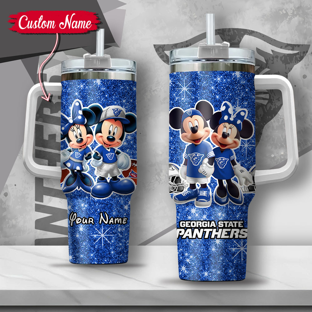 NCAA Georgia State Panthers Mickey And Minnie Couple Custom Stanley Quencher 40oz Stainless Steel Tumbler With Handle