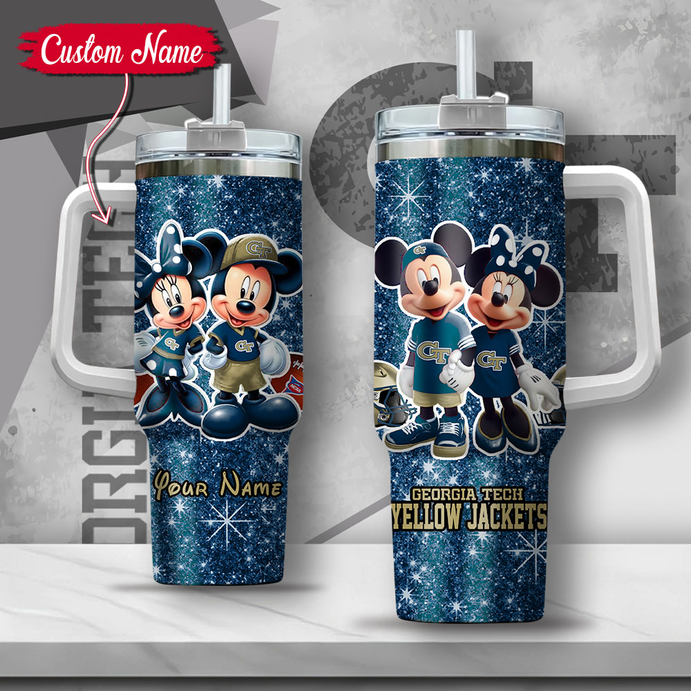 NCAA Georgia Tech Yellow Jackets Mickey And Minnie Couple Custom Stanley Quencher 40oz Stainless Steel Tumbler With Handle