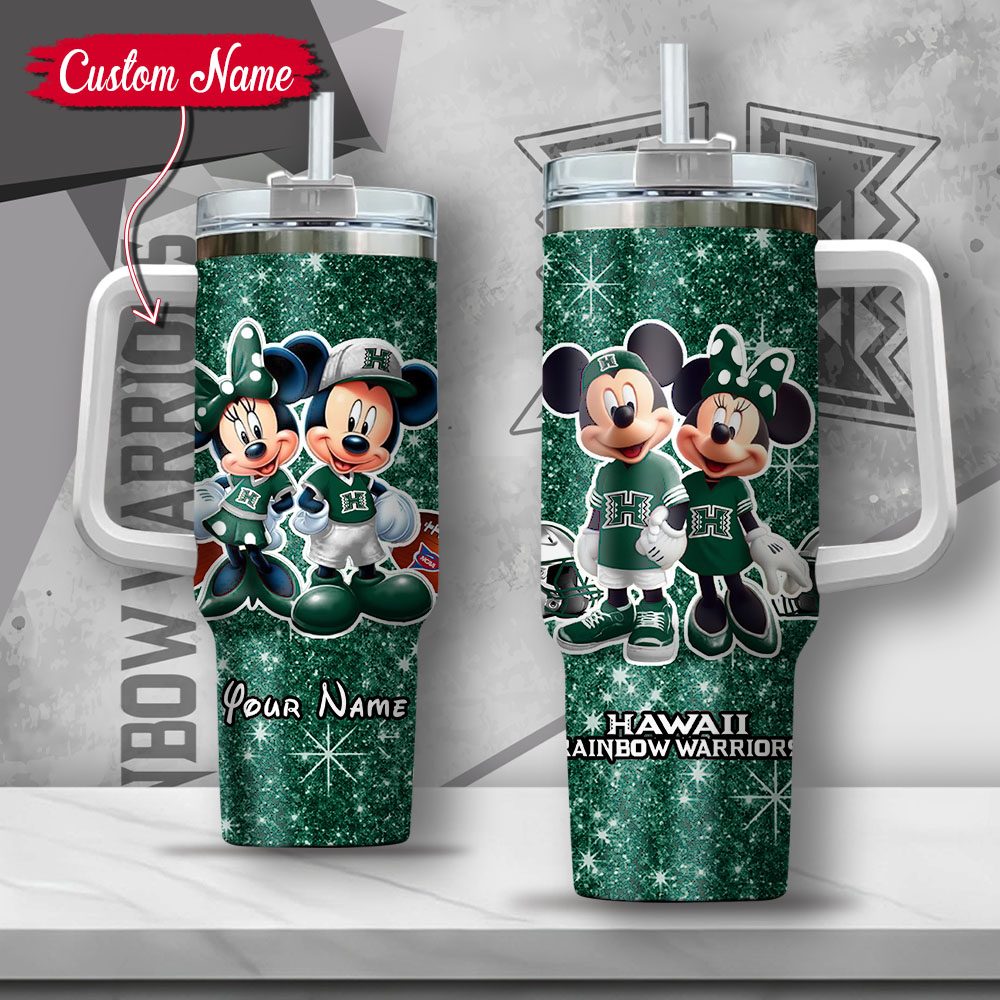 NCAA Hawaii Rainbow Warriors Mickey And Minnie Couple Custom Stanley Quencher 40oz Stainless Steel Tumbler With Handle