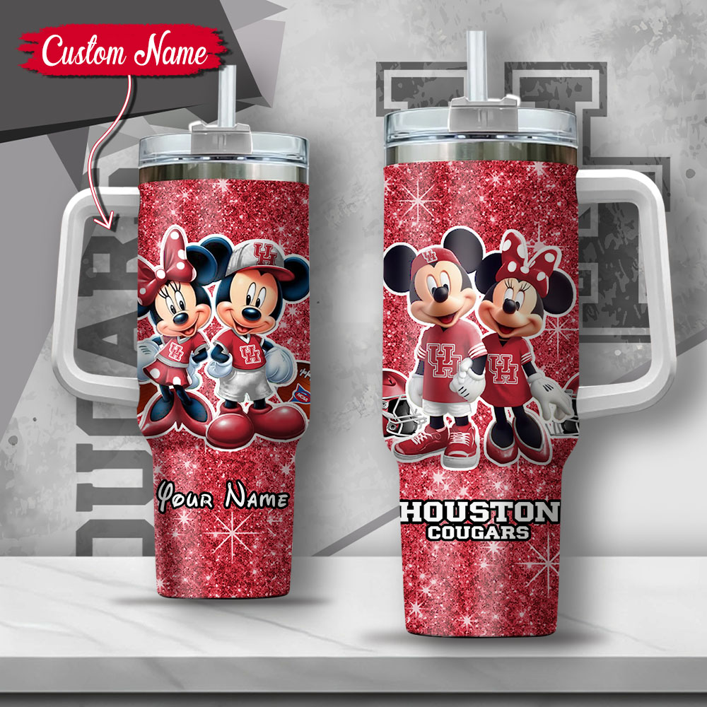 NCAA Houston Cougars Mickey And Minnie Couple Custom Stanley Quencher 40oz Stainless Steel Tumbler With Handle