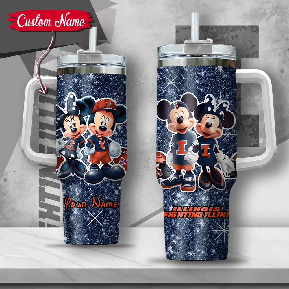 NCAA Illinois Fighting Illini Mickey And Minnie Couple Custom Stanley Quencher 40oz Stainless Steel Tumbler With Handle