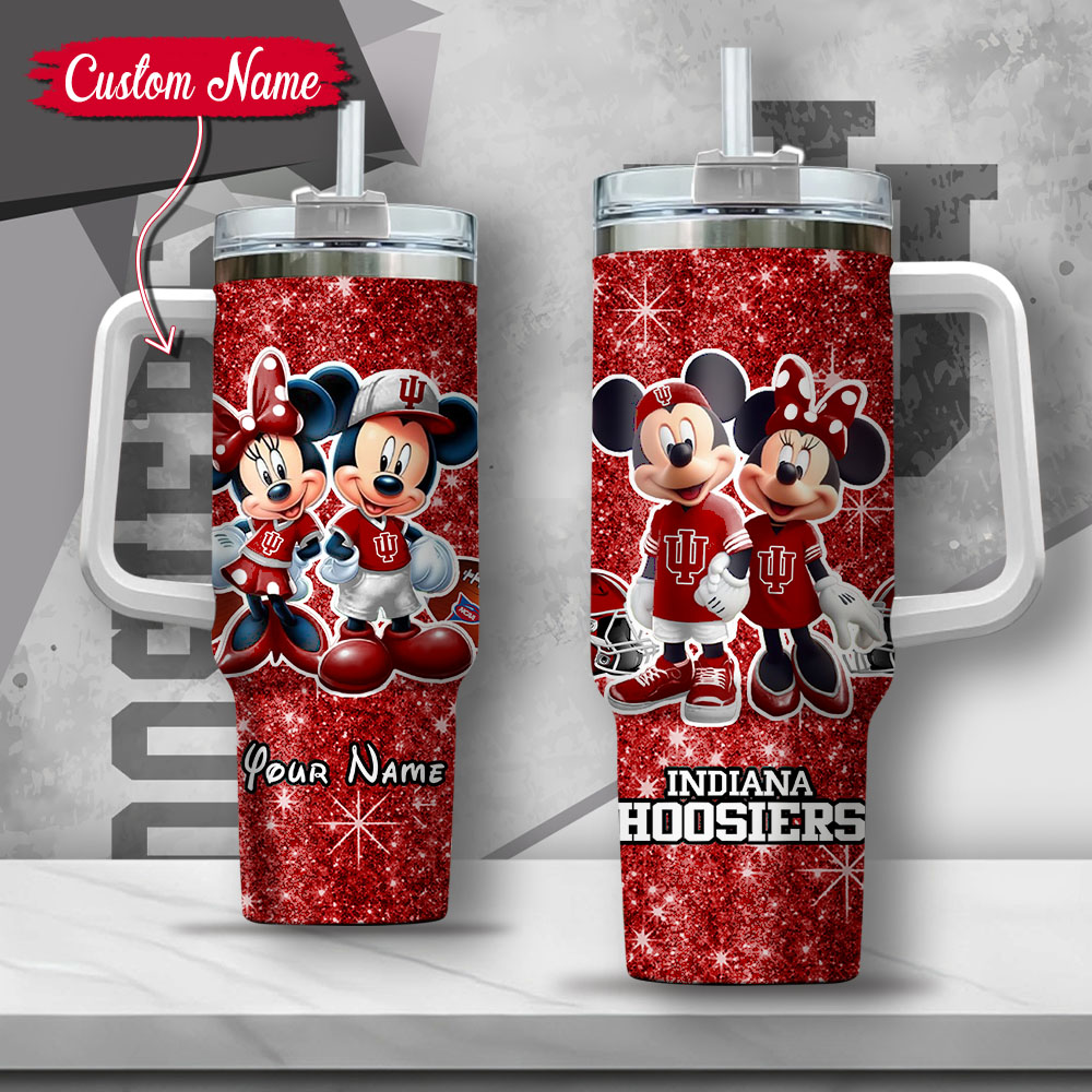 NCAA Indiana Hoosiers Mickey And Minnie Couple Custom Stanley Quencher 40oz Stainless Steel Tumbler With Handle
