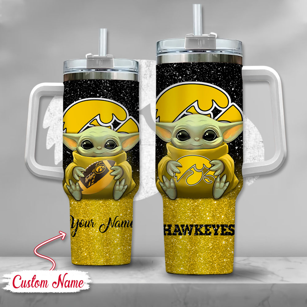 NCAA Iowa Hawkeyes Baby Yoda Custom Stanley Quencher 40oz Stainless Steel Tumbler With Handle