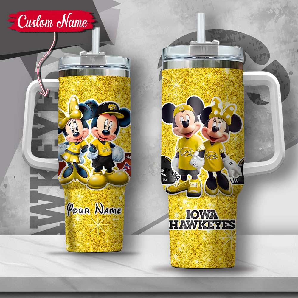 NCAA Iowa Hawkeyes Mickey And Minnie Couple Custom Stanley Quencher 40oz Stainless Steel Tumbler With Handle
