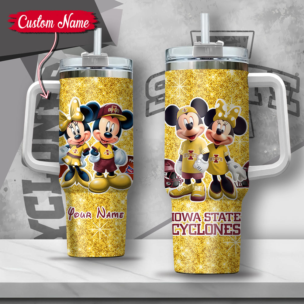 NCAA Iowa State Cyclones Mickey And Minnie Couple Custom Stanley Quencher 40oz Stainless Steel Tumbler With Handle