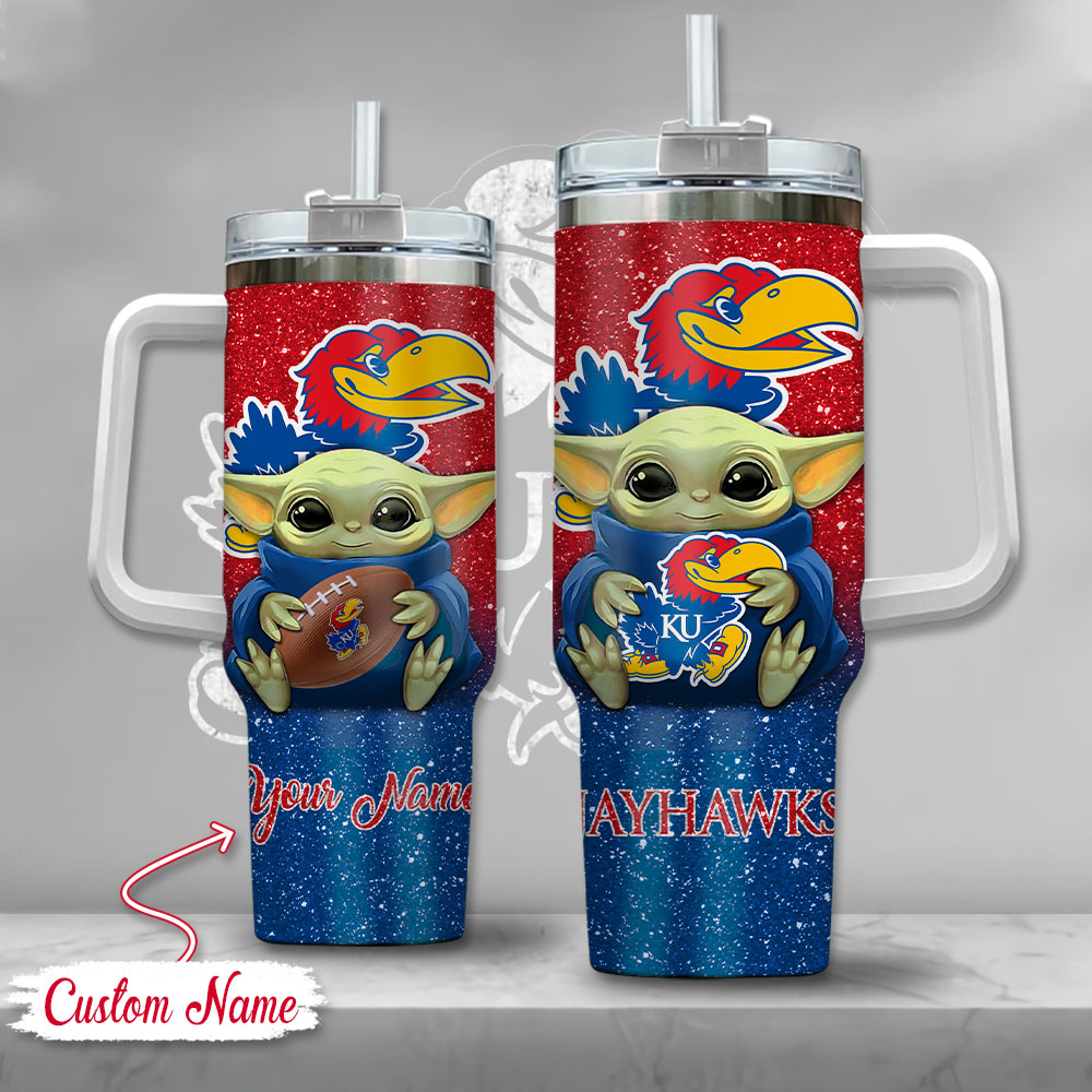 NCAA Kansas Jayhawks Baby Yoda Custom Stanley Quencher 40oz Stainless Steel Tumbler With Handle