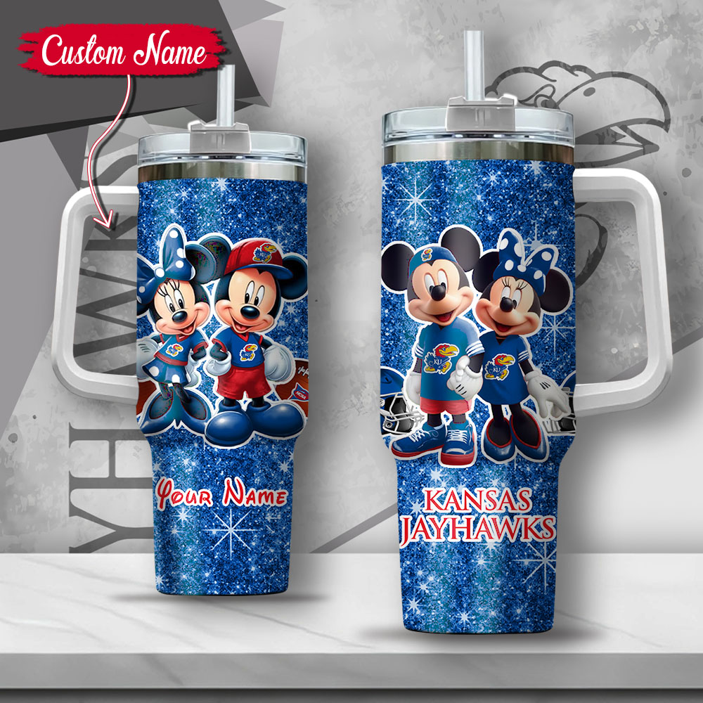 NCAA Kansas Jayhawks Mickey And Minnie Couple Custom Stanley Quencher 40oz Stainless Steel Tumbler With Handle