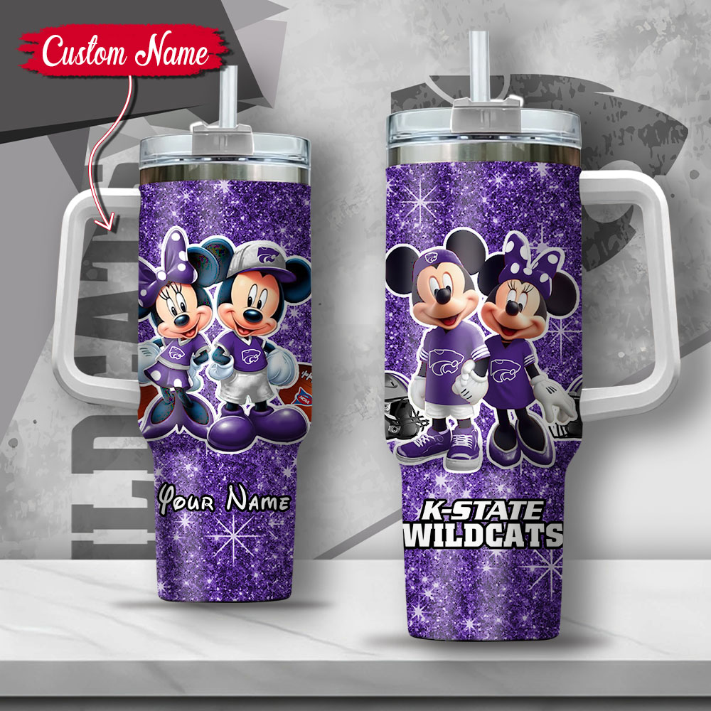 NCAA Kansas State Wildcats Mickey And Minnie Couple Custom Stanley Quencher 40oz Stainless Steel Tumbler With Handle