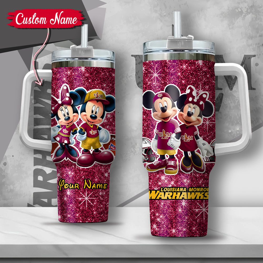 NCAA Louisiana Monroe Warhawks Mickey And Minnie Couple Custom Stanley Quencher 40oz Stainless Steel Tumbler With Handle