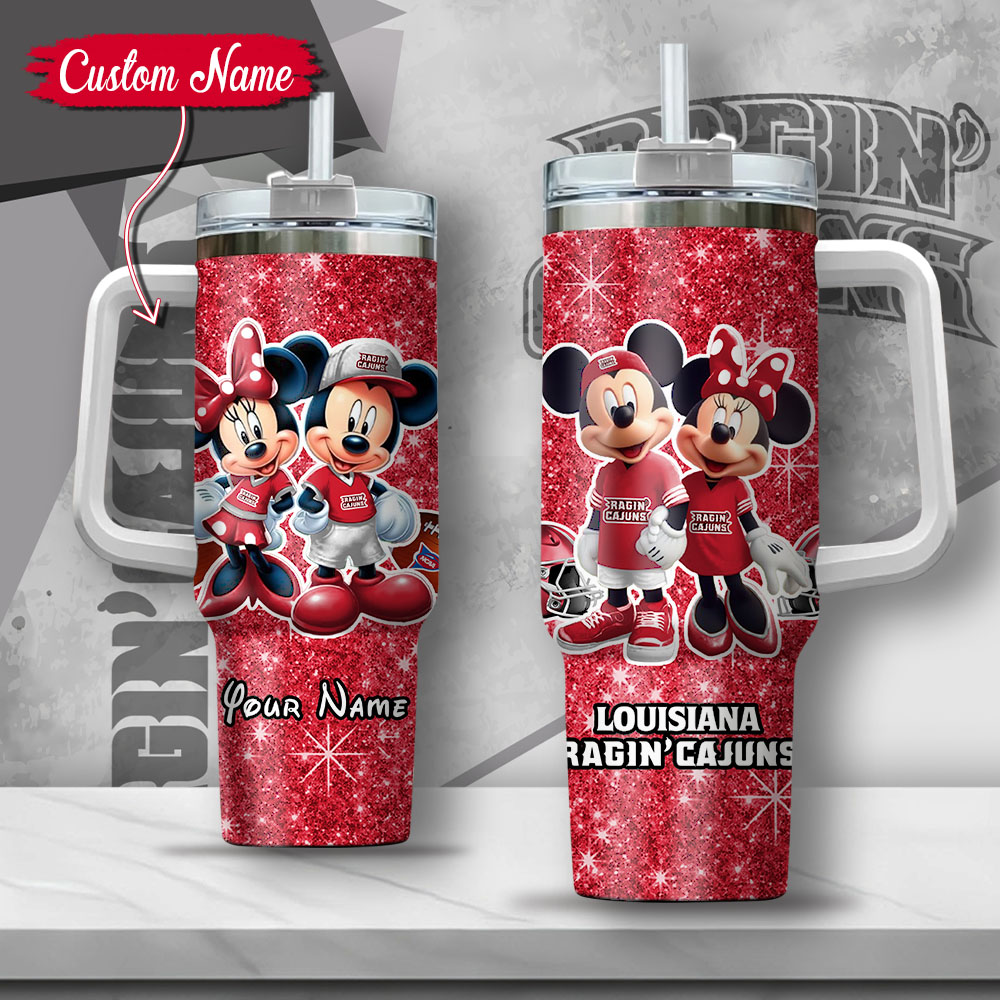 NCAA Louisiana Ragin' Cajuns Mickey And Minnie Couple Custom Stanley Quencher 40oz Stainless Steel Tumbler With Handle