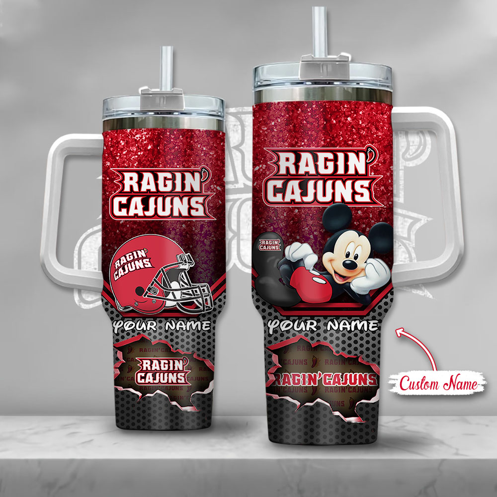 NCAA Louisiana Ragin' Cajuns Mickey Mouse Custom Stanley Quencher 40oz Stainless Steel Tumbler With Handle