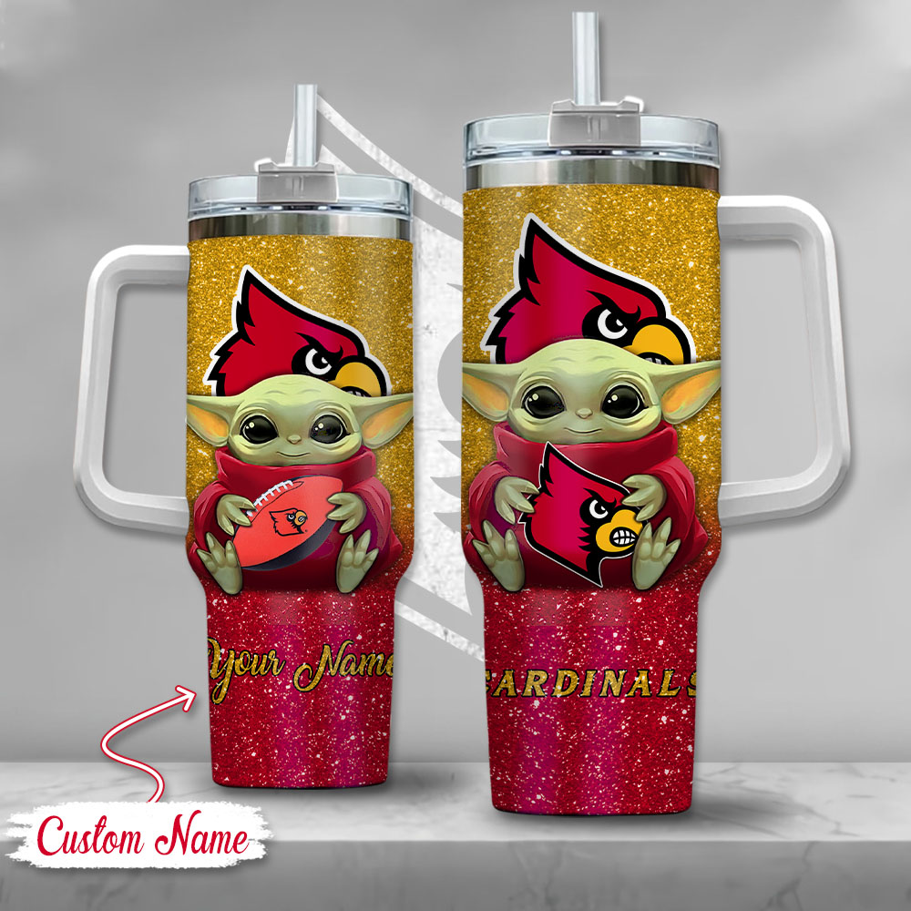 NCAA Louisville Cardinals Baby Yoda Custom Stanley Quencher 40oz Stainless Steel Tumbler With Handle