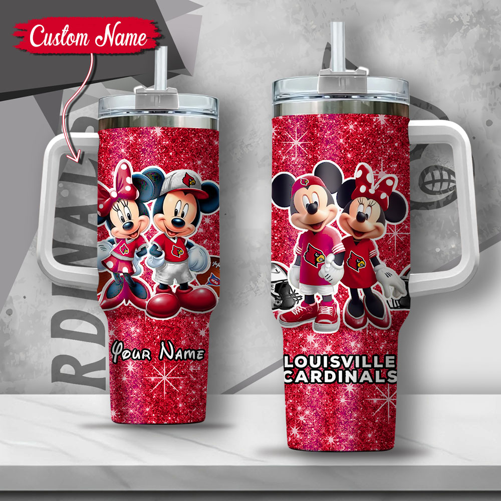 NCAA Louisville Cardinals Mickey And Minnie Couple Custom Stanley Quencher 40oz Stainless Steel Tumbler With Handle