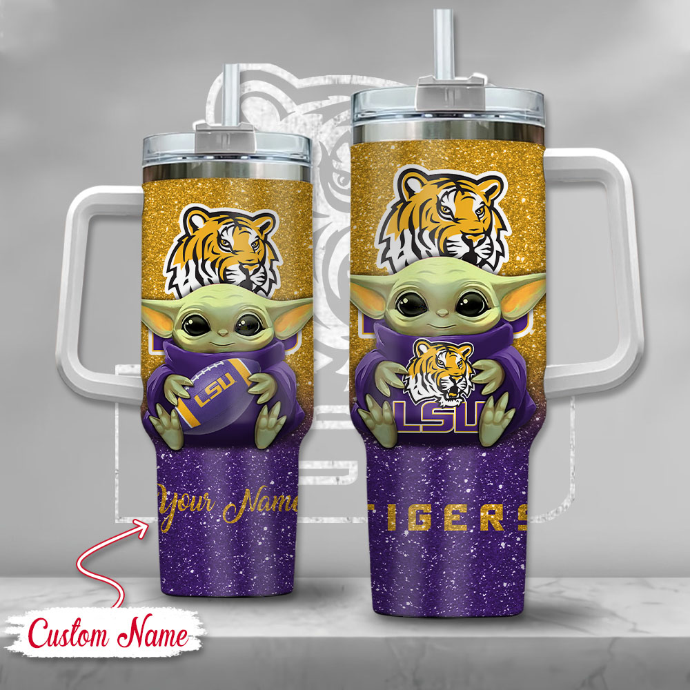 NCAA LSU Tigers Baby Yoda Custom Stanley Quencher 40oz Stainless Steel Tumbler With Handle