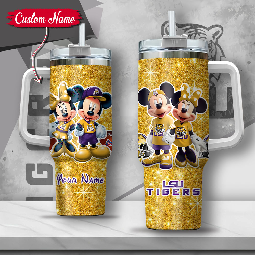 NCAA LSU Tigers Mickey And Minnie Couple Custom Stanley Quencher 40oz Stainless Steel Tumbler With Handle