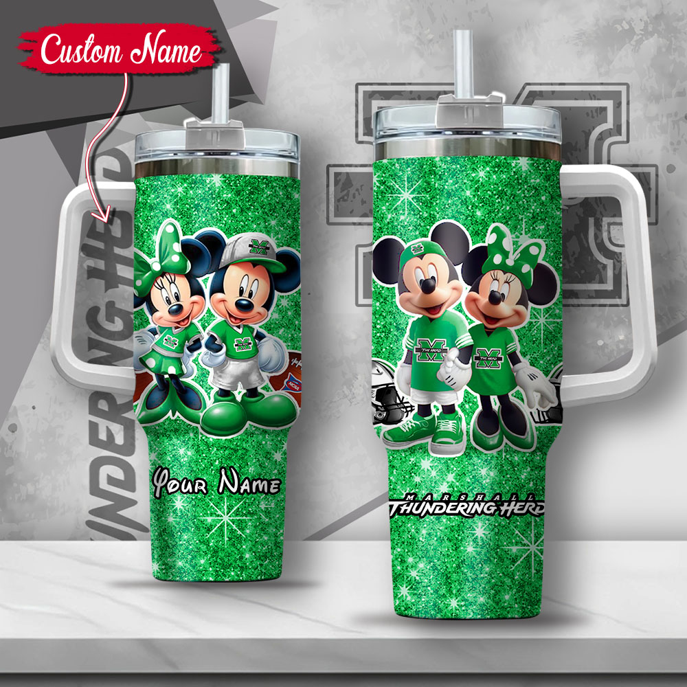 NCAA Marshall Thundering Herd Mickey And Minnie Couple Custom Stanley Quencher 40oz Stainless Steel Tumbler With Handle