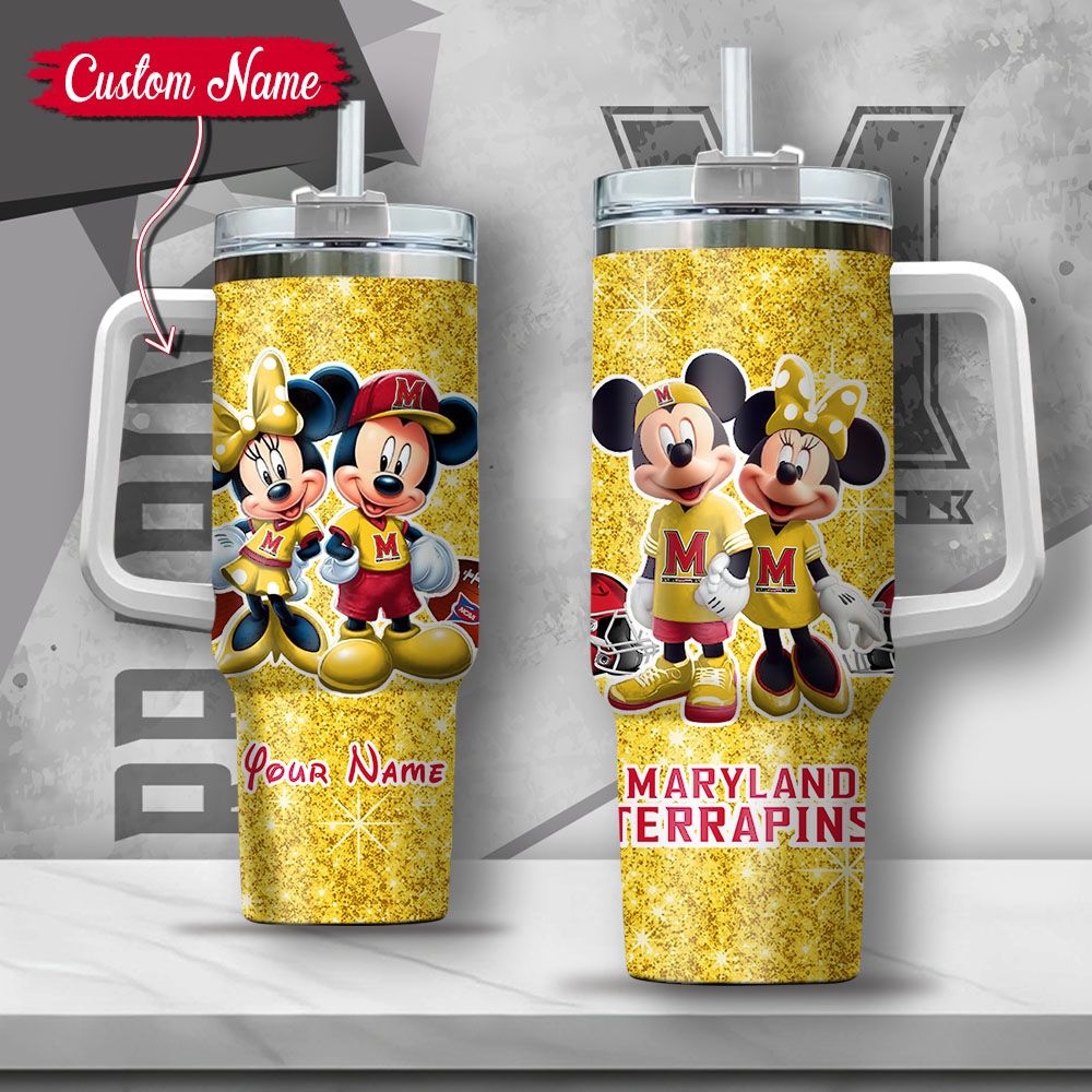 NCAA Maryland Terrapins Mickey And Minnie Couple Custom Stanley Quencher 40oz Stainless Steel Tumbler With Handle