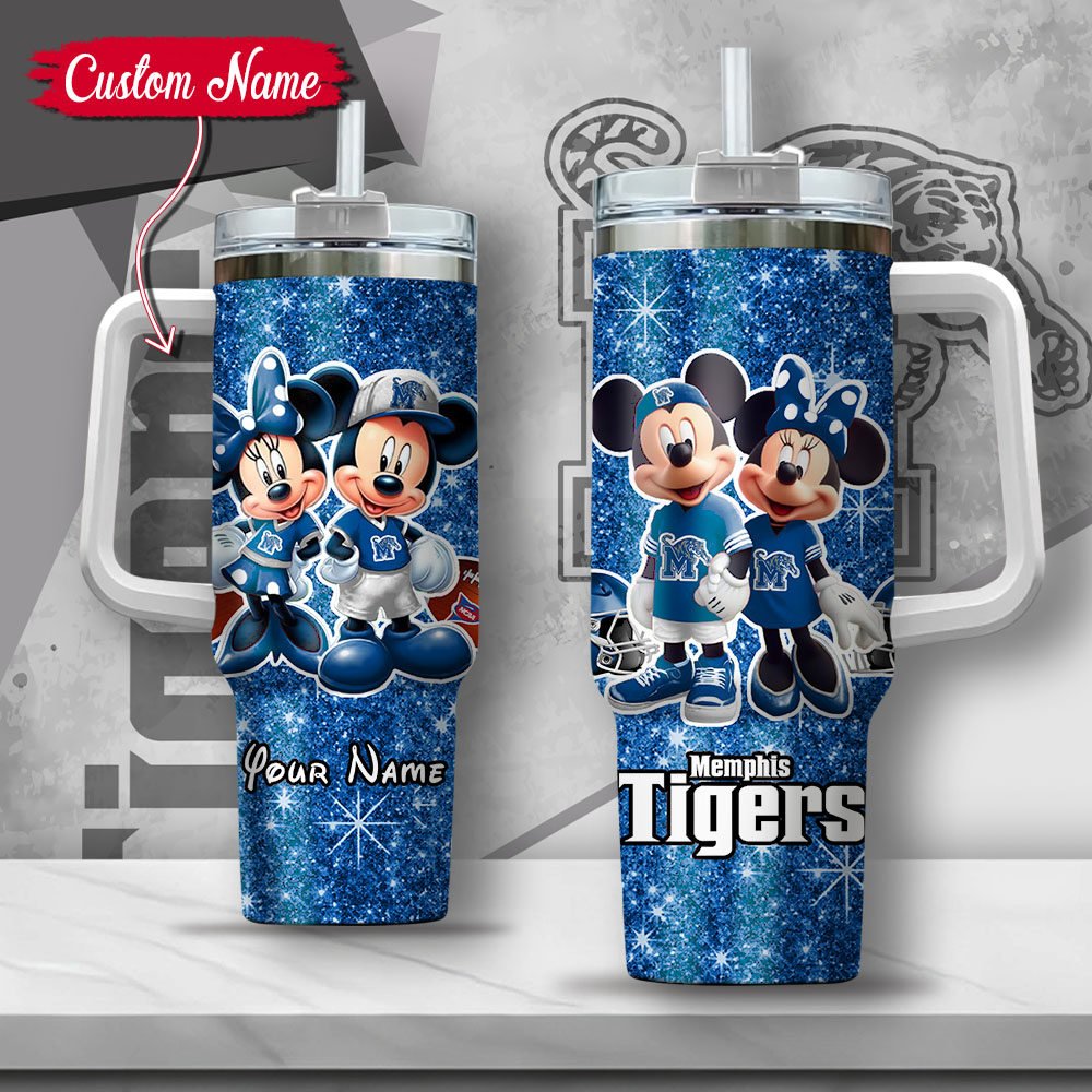 NCAA Memphis Tigers Mickey And Minnie Couple Custom Stanley Quencher 40oz Stainless Steel Tumbler With Handle
