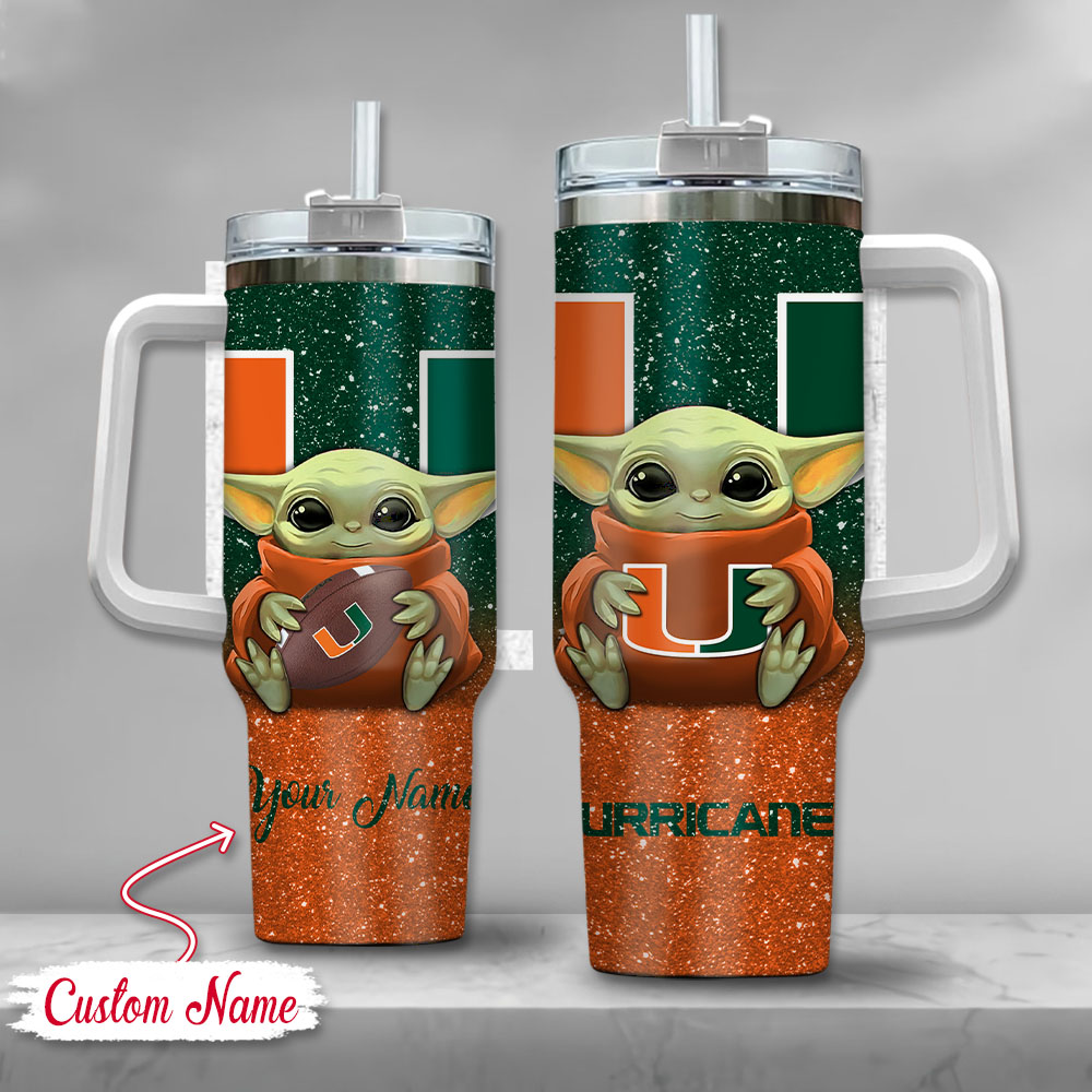 NCAA Miami Hurricanes Baby Yoda Custom Stanley Quencher 40oz Stainless Steel Tumbler With Handle