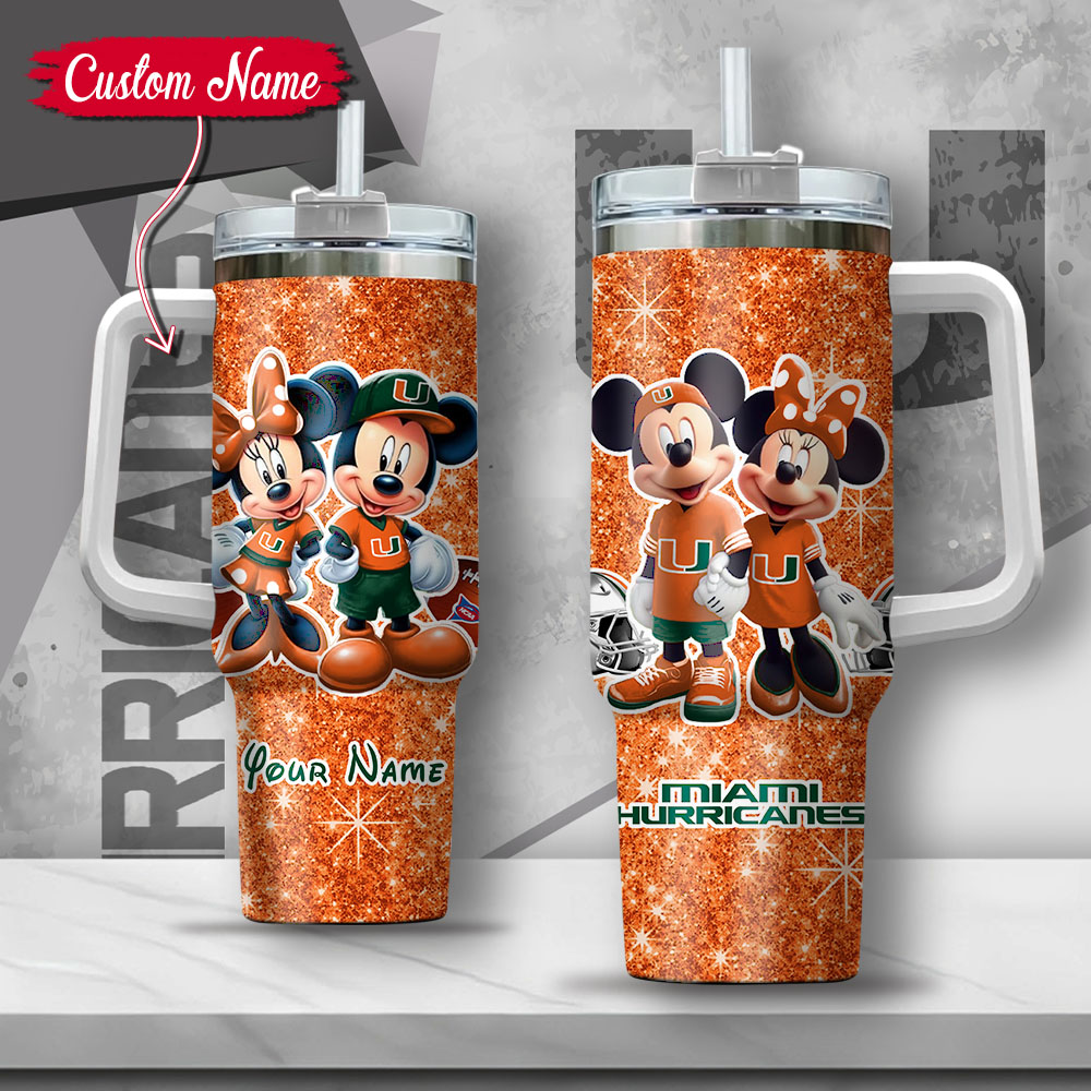 NCAA Miami Hurricanes Mickey And Minnie Couple Custom Stanley Quencher 40oz Stainless Steel Tumbler With Handle