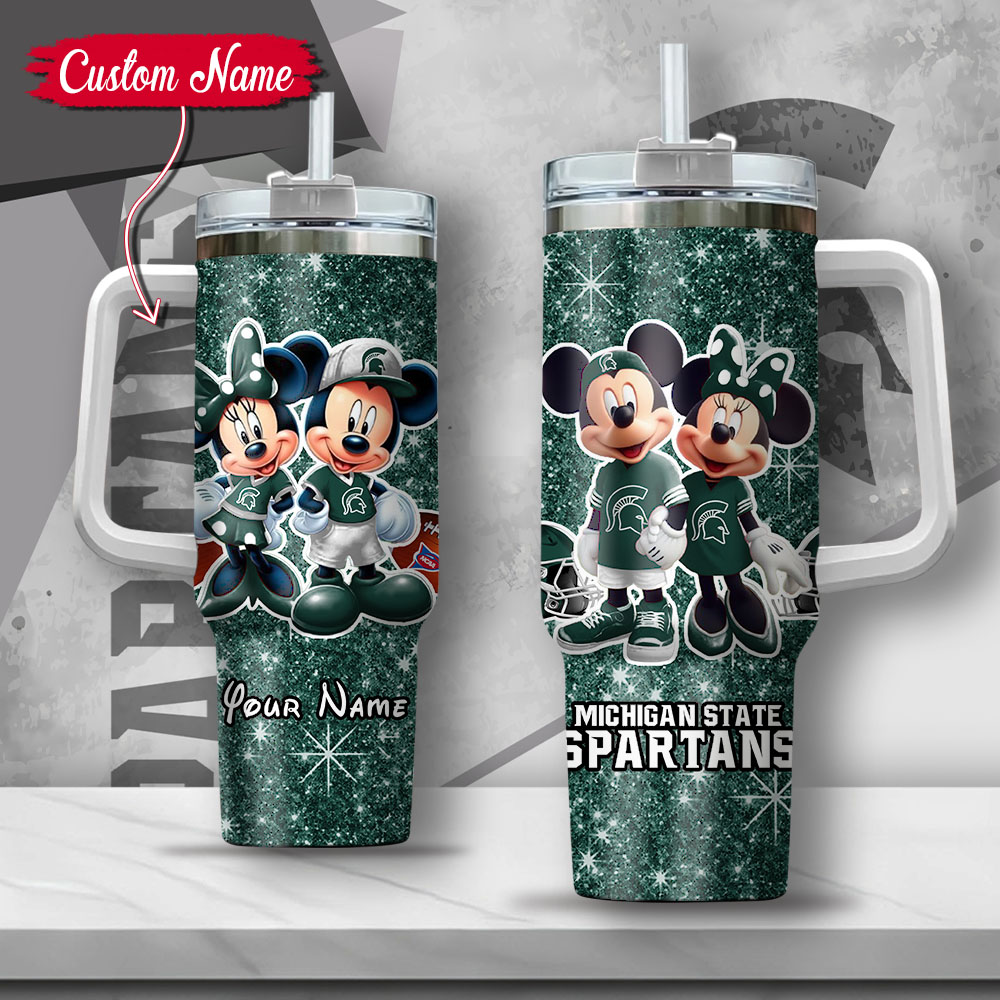 NCAA Michigan State Spartans Mickey And Minnie Couple Custom Stanley Quencher 40oz Stainless Steel Tumbler With Handle