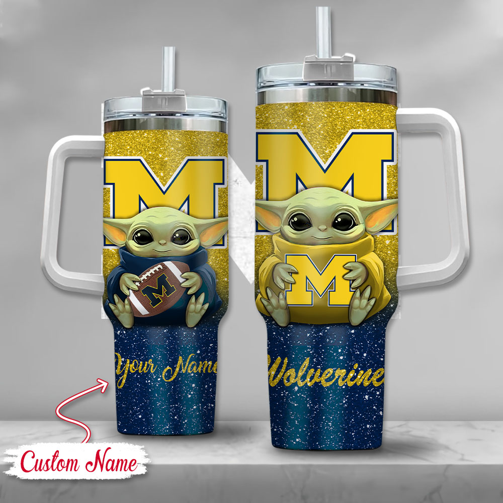 NCAA Michigan Wolverines Baby Yoda Custom Stanley Quencher 40oz Stainless Steel Tumbler With Handle
