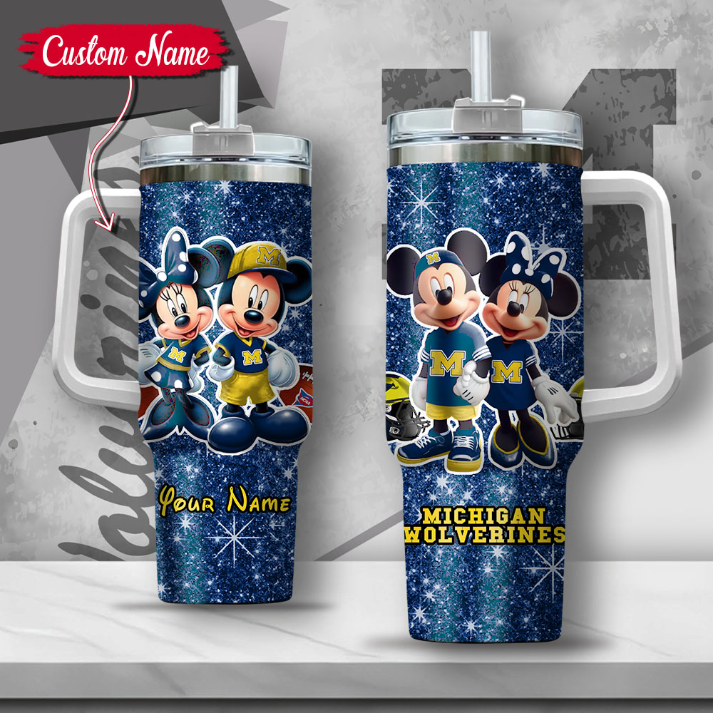 NCAA Michigan Wolverines Mickey And Minnie Couple Custom Stanley Quencher 40oz Stainless Steel Tumbler With Handle