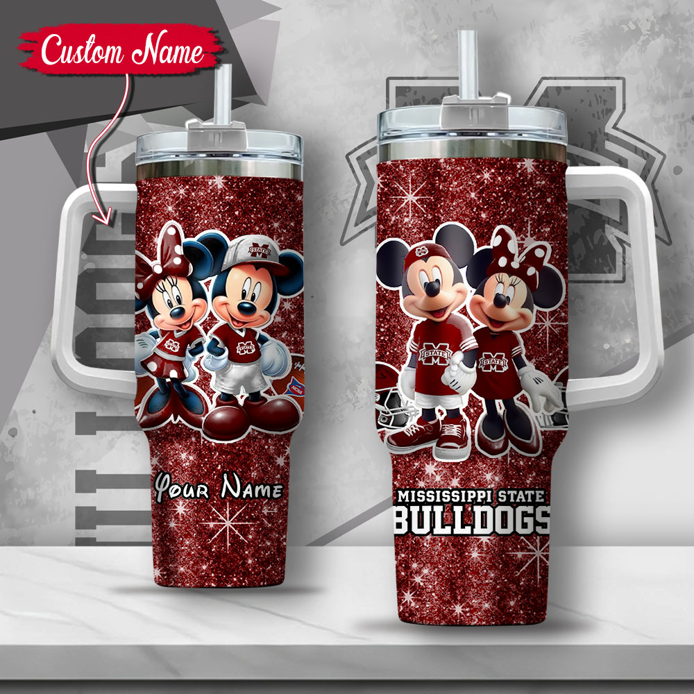 NCAA Mississippi State Bulldogs Mickey And Minnie Couple Custom Stanley Quencher 40oz Stainless Steel Tumbler With Handle