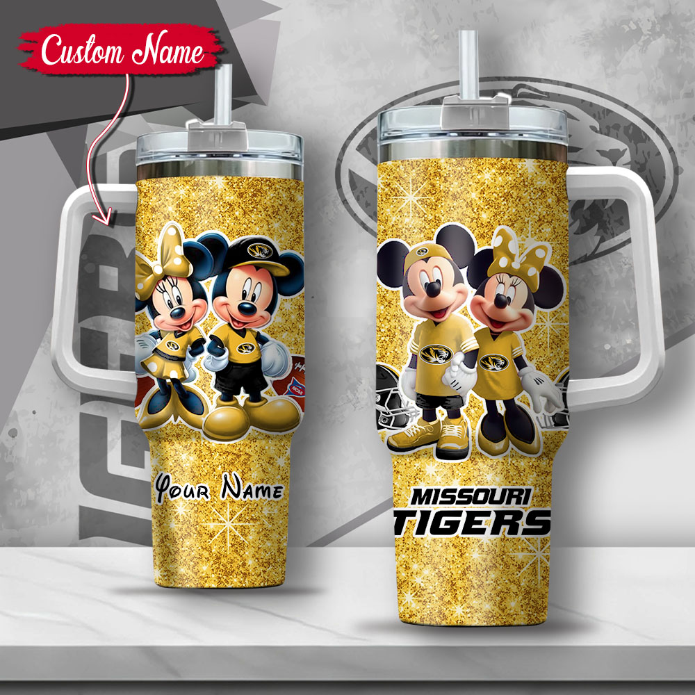 NCAA Missouri Tigers Mickey And Minnie Couple Custom Stanley Quencher 40oz Stainless Steel Tumbler With Handle