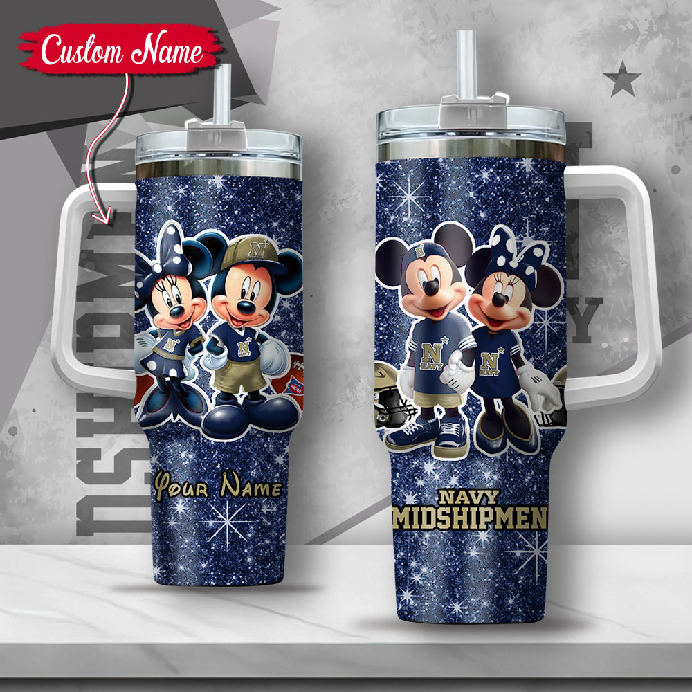 NCAA Navy Midshipmen Mickey And Minnie Couple Custom Stanley Quencher 40oz Stainless Steel Tumbler With Handle