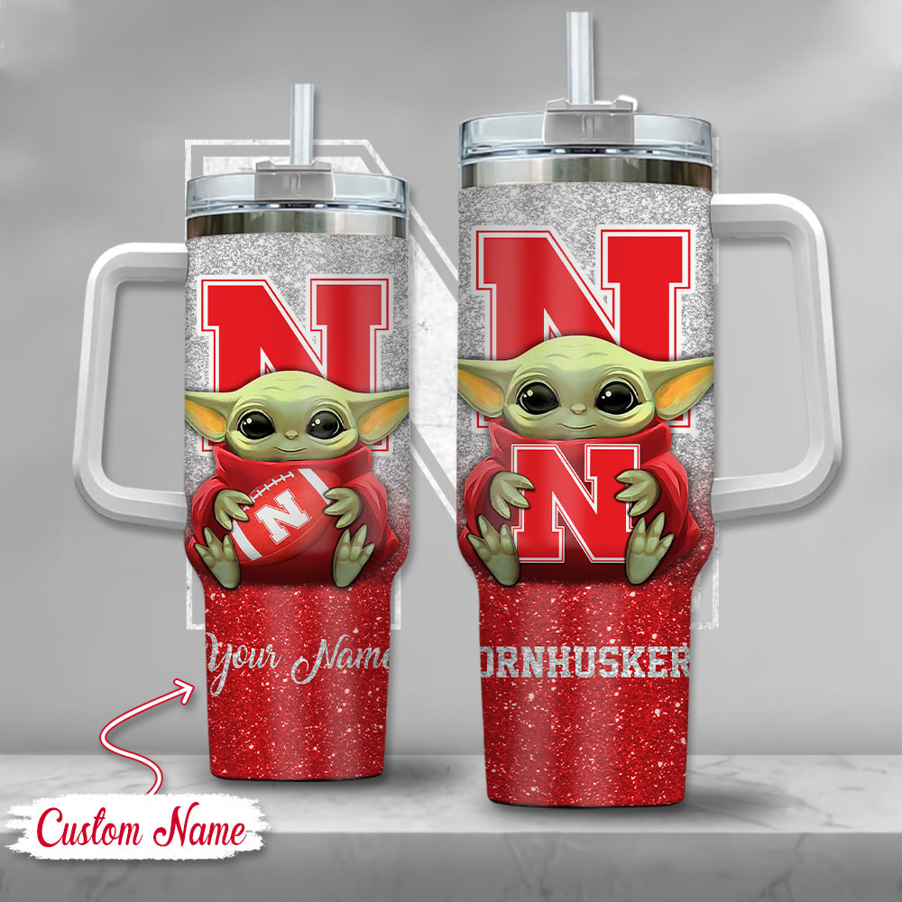 NCAA Nebraska Cornhuskers Baby Yoda Custom Stanley Quencher 40oz Stainless Steel Tumbler With Handle