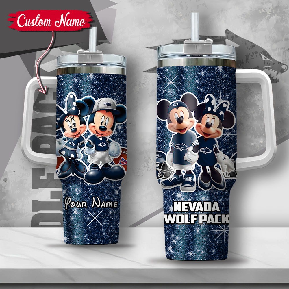 NCAA Nevada Wolf Pack Mickey And Minnie Couple Custom Stanley Quencher 40oz Stainless Steel Tumbler With Handle