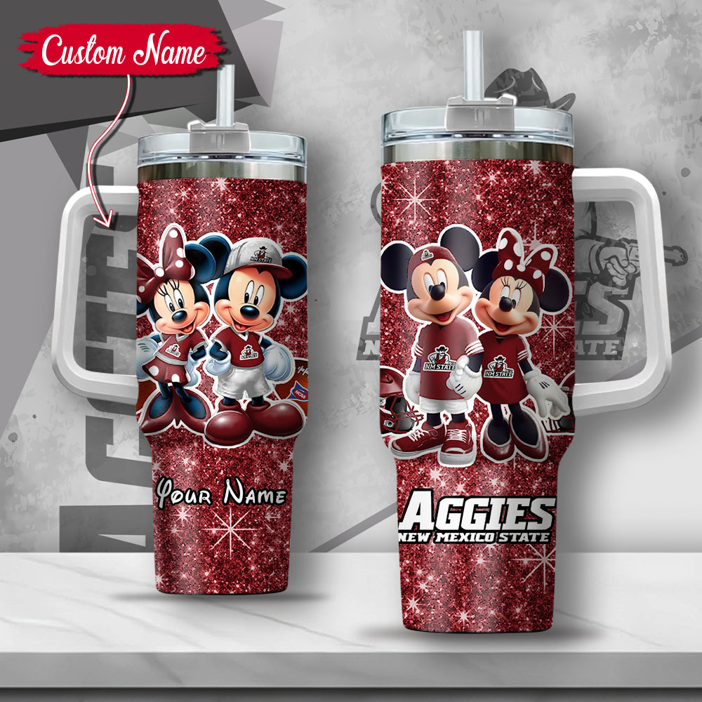 NCAA New Mexico State Aggies Mickey And Minnie Couple Custom Stanley Quencher 40oz Stainless Steel Tumbler With Handle
