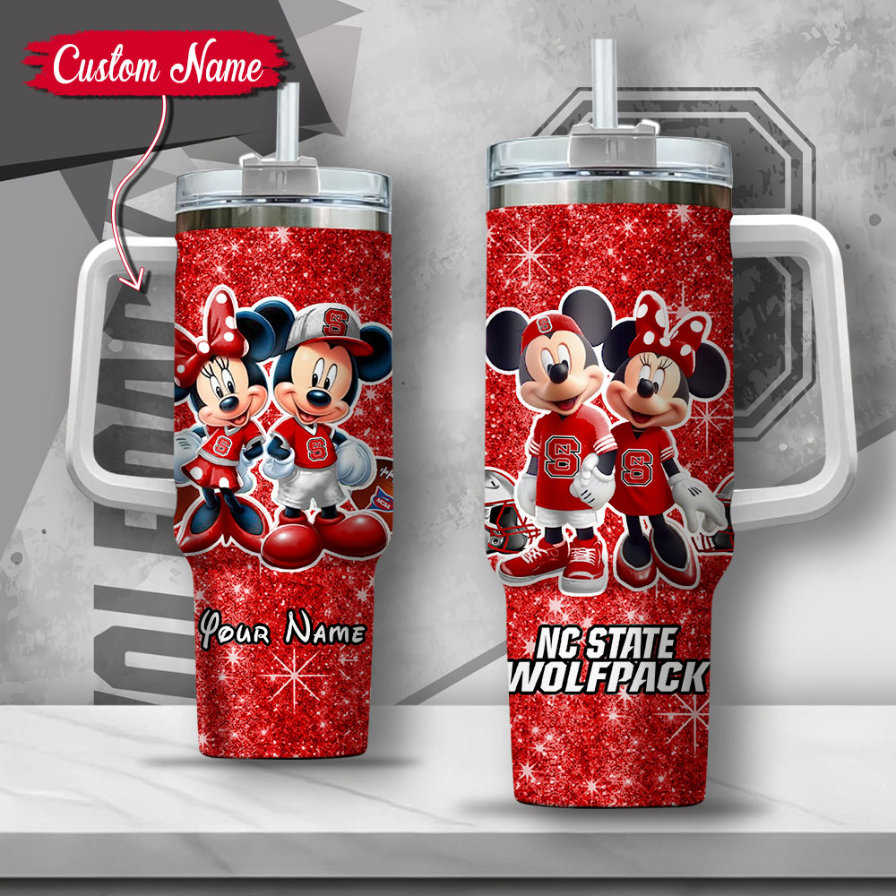 NCAA North Carolina State Wolfpack Mickey And Minnie Couple Custom Stanley Quencher 40oz Stainless Steel Tumbler With Handle