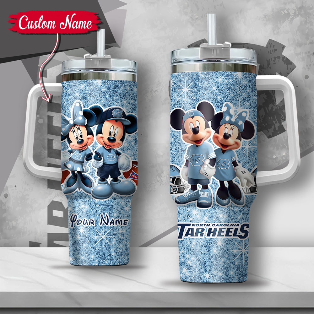 NCAA North Carolina Tar Heels Mickey And Minnie Couple Custom Stanley Quencher 40oz Stainless Steel Tumbler With Handle