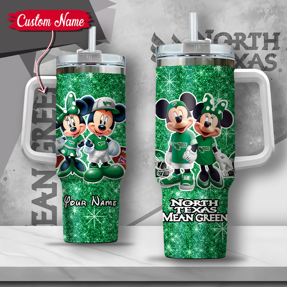NCAA North Texas Mean Green Mickey And Minnie Couple Custom Stanley Quencher 40oz Stainless Steel Tumbler With Handle