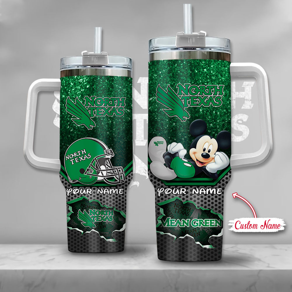 NCAA North Texas Mean Green Mickey Mouse M7NQAHCNCAA4C18 Custom Stanley Quencher 40oz Stainless Steel Tumbler With Handle