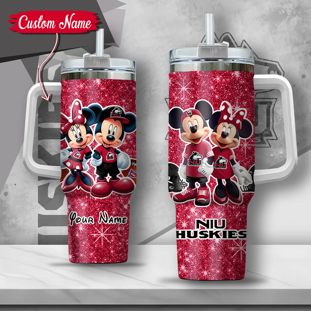 NCAA Northern Illinois Huskies Mickey And Minnie Couple Custom Stanley Quencher 40oz Stainless Steel Tumbler With Handle