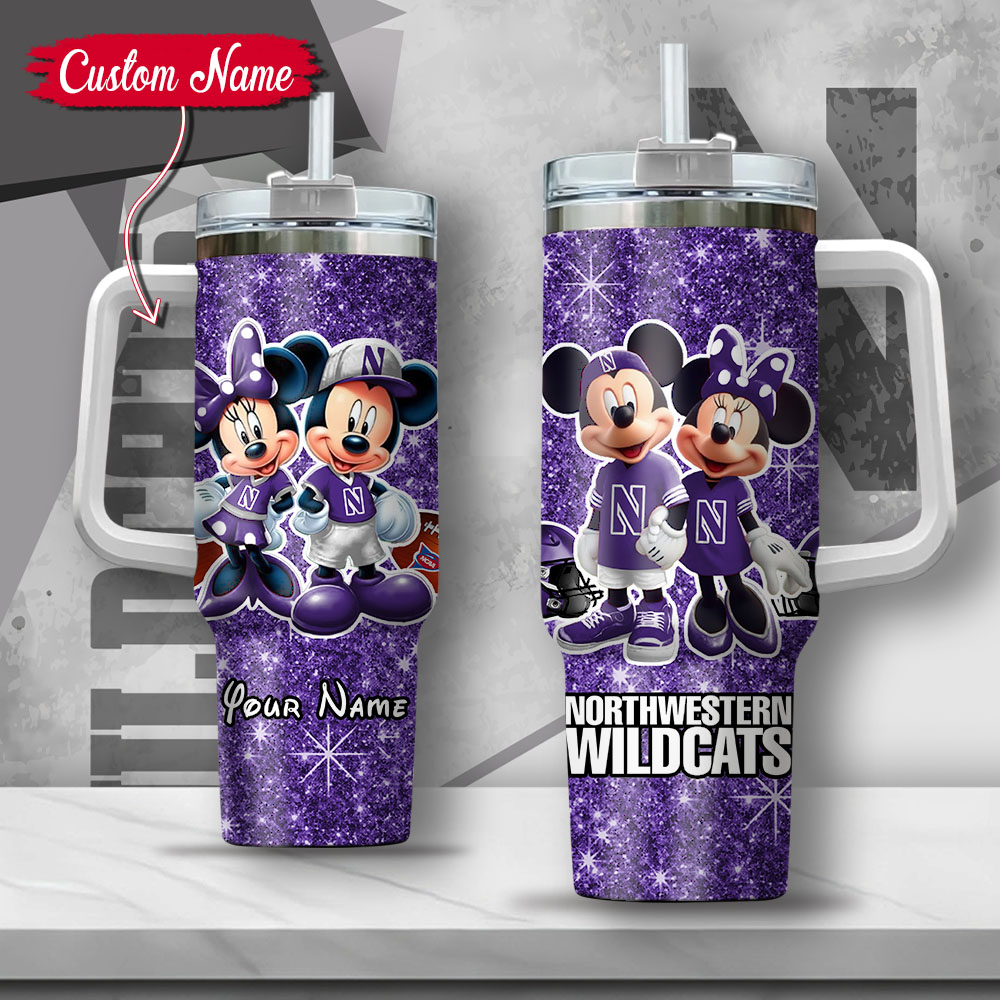 NCAA Northwestern Wildcats Mickey And Minnie Couple Custom Stanley Quencher 40oz Stainless Steel Tumbler With Handle
