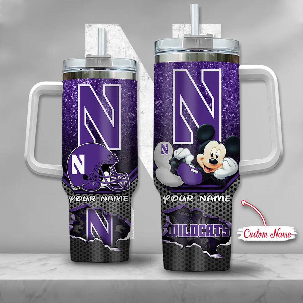 NCAA Northwestern Wildcats Mickey Mouse Custom Stanley Quencher 40oz Stainless Steel Tumbler With Handle