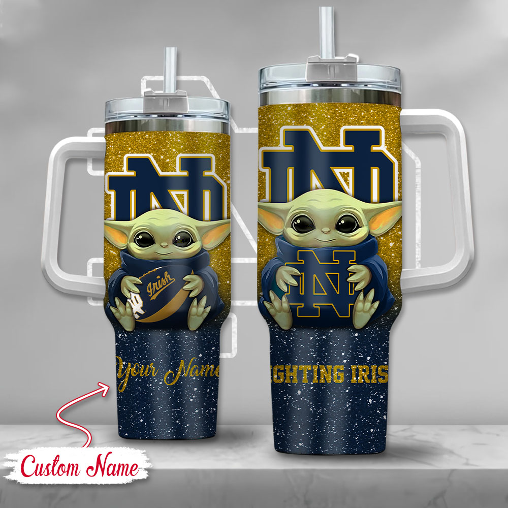 NCAA Notre Dame Fighting Irish Baby Yoda Custom Stanley Quencher 40oz Stainless Steel Tumbler With Handle