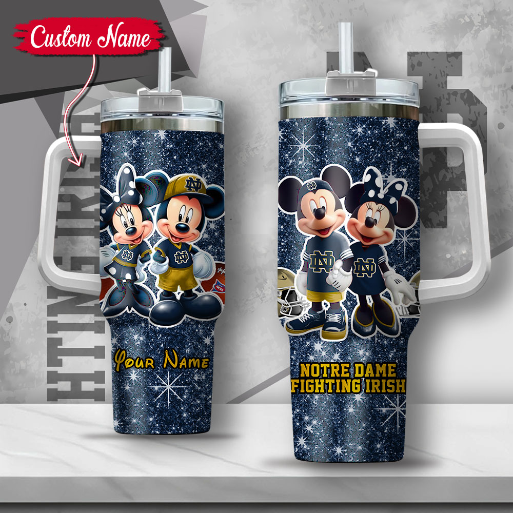 NCAA Notre Dame Fighting Irish Mickey And Minnie Couple Custom Stanley Quencher 40oz Stainless Steel Tumbler With Handle
