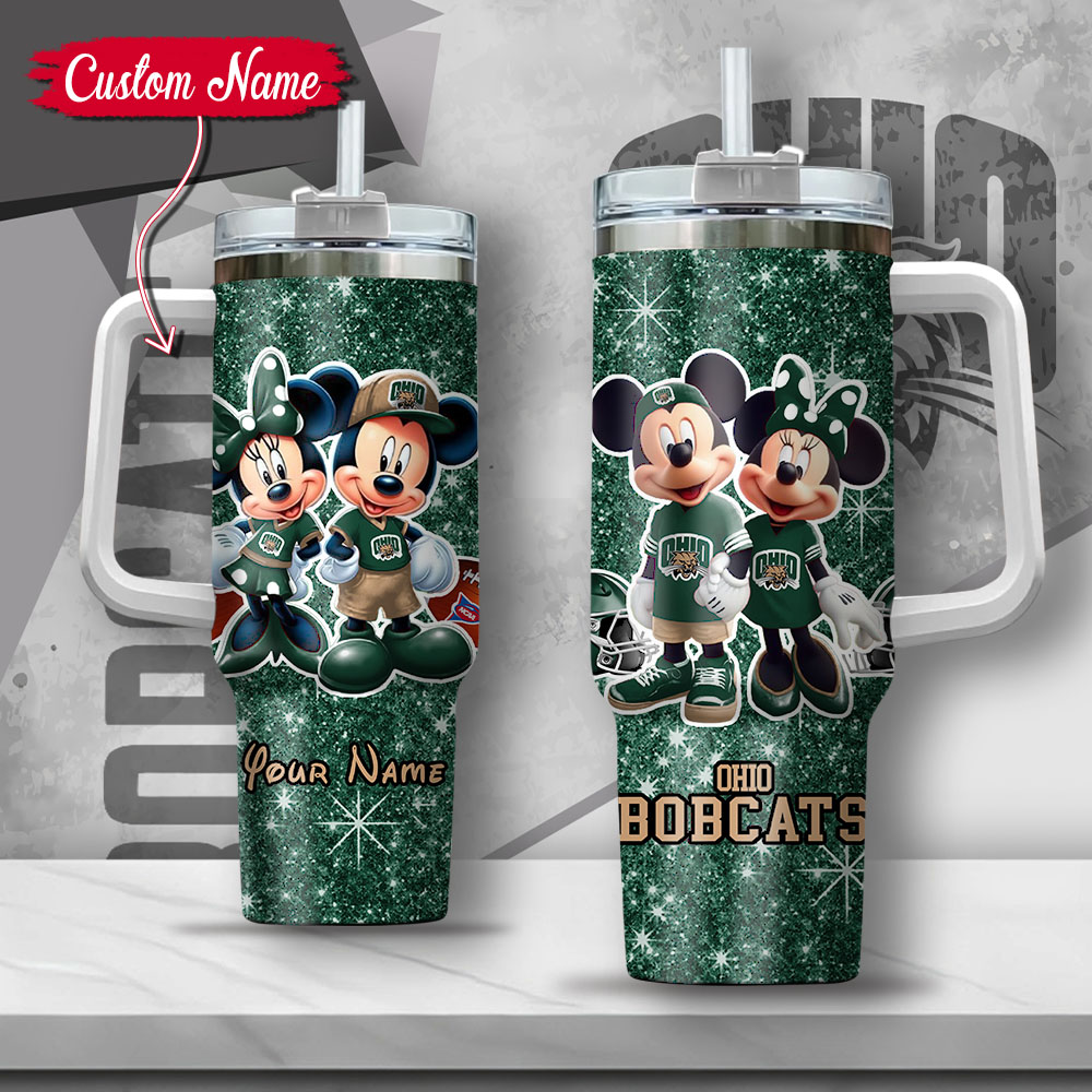 NCAA Ohio Bobcats Mickey And Minnie Couple Custom Stanley Quencher 40oz Stainless Steel Tumbler With Handle