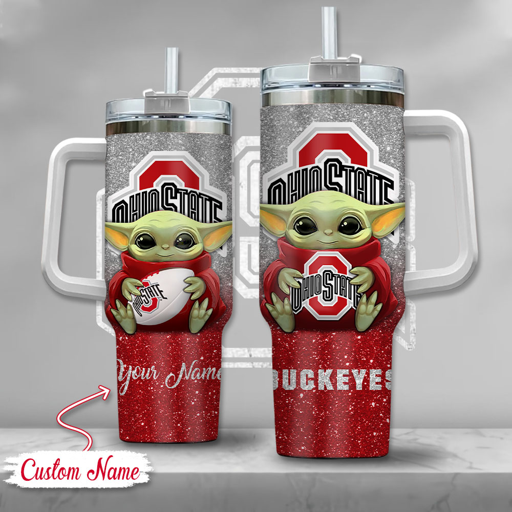 NCAA Ohio State Buckeyes Baby Yoda Custom Stanley Quencher 40oz Stainless Steel Tumbler With Handle
