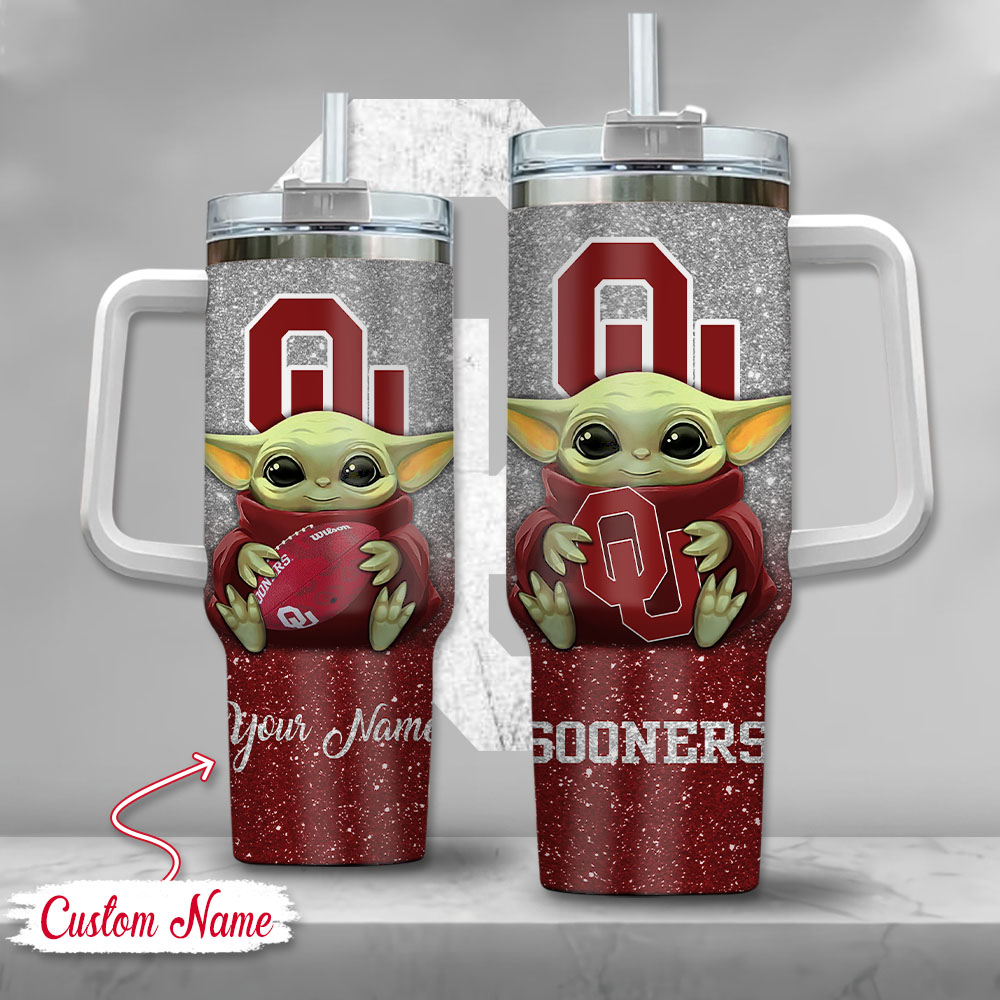 NCAA Oklahoma Sooners Baby Yoda Custom Stanley Quencher 40oz Stainless Steel Tumbler With Handle