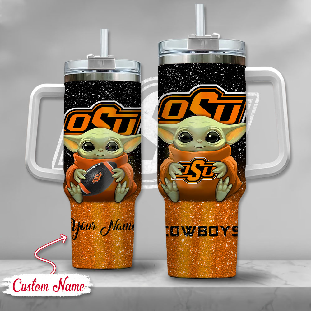 NCAA Oklahoma State Cowboys Baby Yoda Custom Stanley Quencher 40oz Stainless Steel Tumbler With Handle